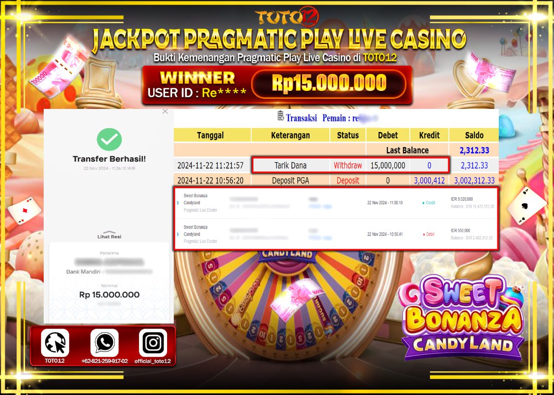 HANYA DI TOTO12 JP PASTI DI BAYAR LUNAS DAN CEPAT!!!!!! JACKPOT PRAGMATIC PLAY LIVE CASINO (SWEET BONANZA CANDY LAND) Rp.15.000.000 !!!!