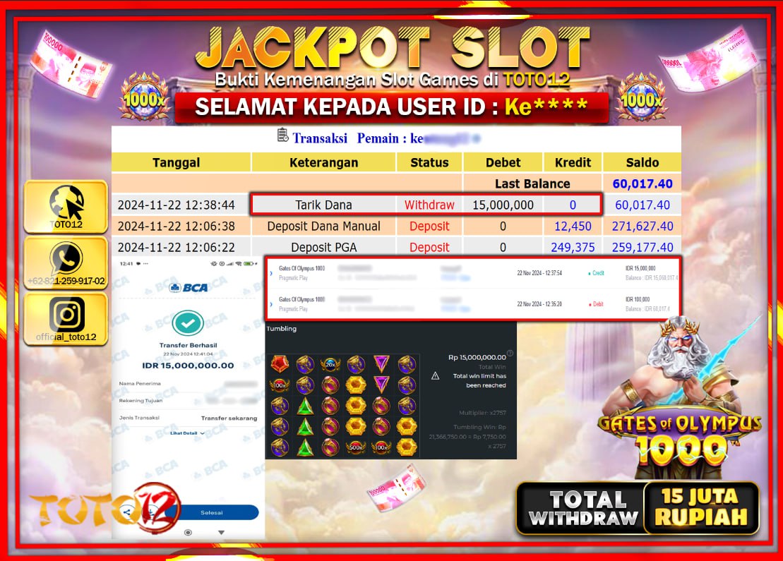 HANYA DI TOTO12 JP PASTI DI BAYAR LUNAS DAN CEPAT!!!!!! JACKPOT SLOT GAME (GATES OF OLYMPUS 1000) Rp.15.000.000 !!!!