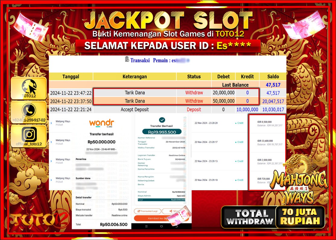 HANYA DI TOTO12 JP PASTI DI BAYAR LUNAS DAN CEPAT!!!!!! JACKPOT SLOT GAME (MAHJONG WAYS) Rp.70.000.000 !!!!