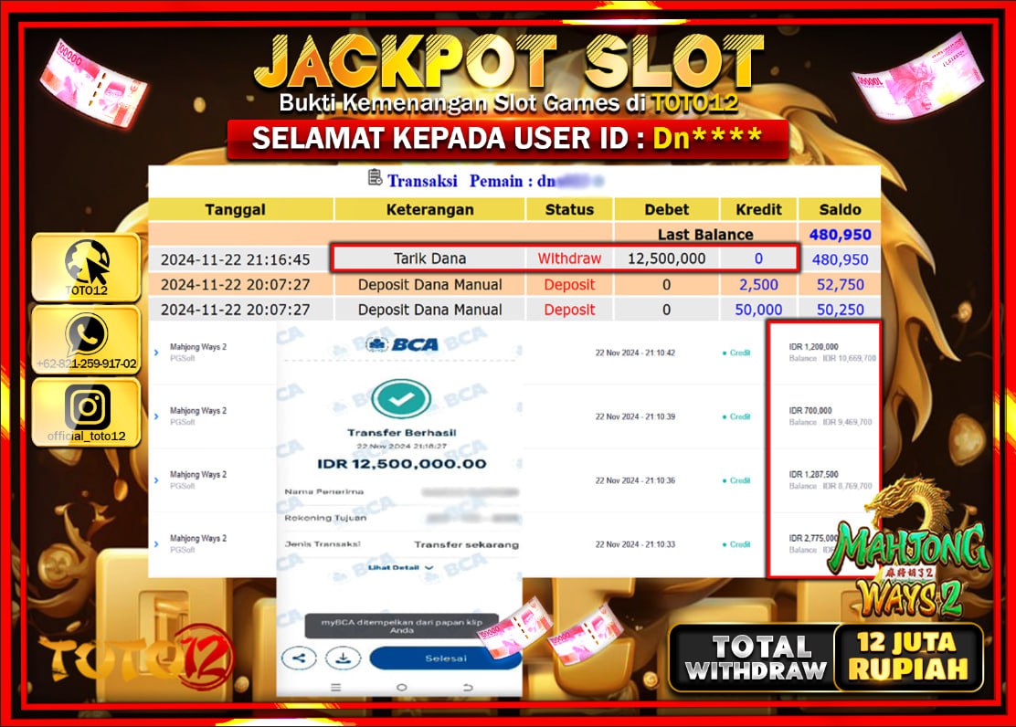 HANYA DI TOTO12 JP PASTI DI BAYAR LUNAS DAN CEPAT!!!!!! JACKPOT SLOT GAME (MAHJONG WAYS 2) Rp.12.000.000 !!!!