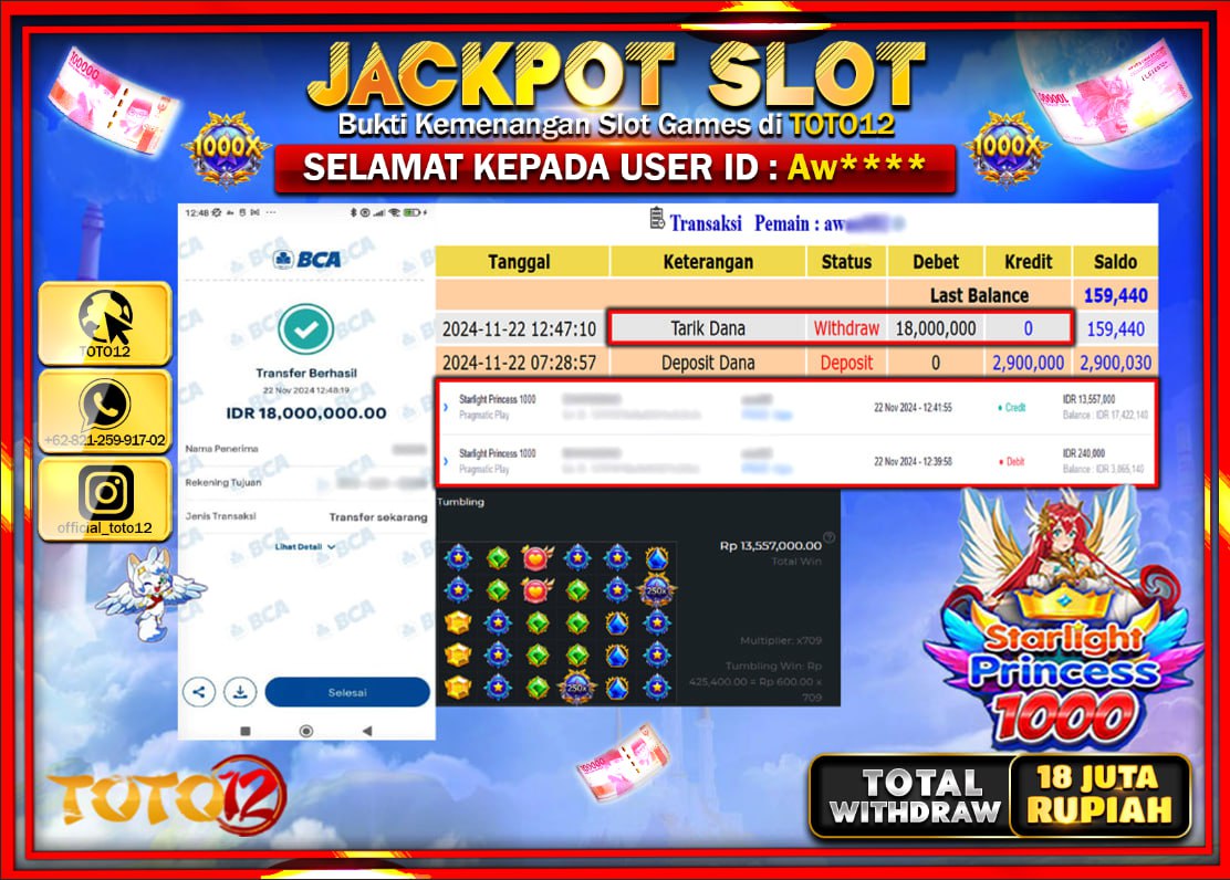 HANYA DI TOTO12 JP PASTI DI BAYAR LUNAS DAN CEPAT!!!!!! JACKPOT SLOT GAME (STARLIGHT PRINCESS 1000) Rp.18.000.000 !!!!