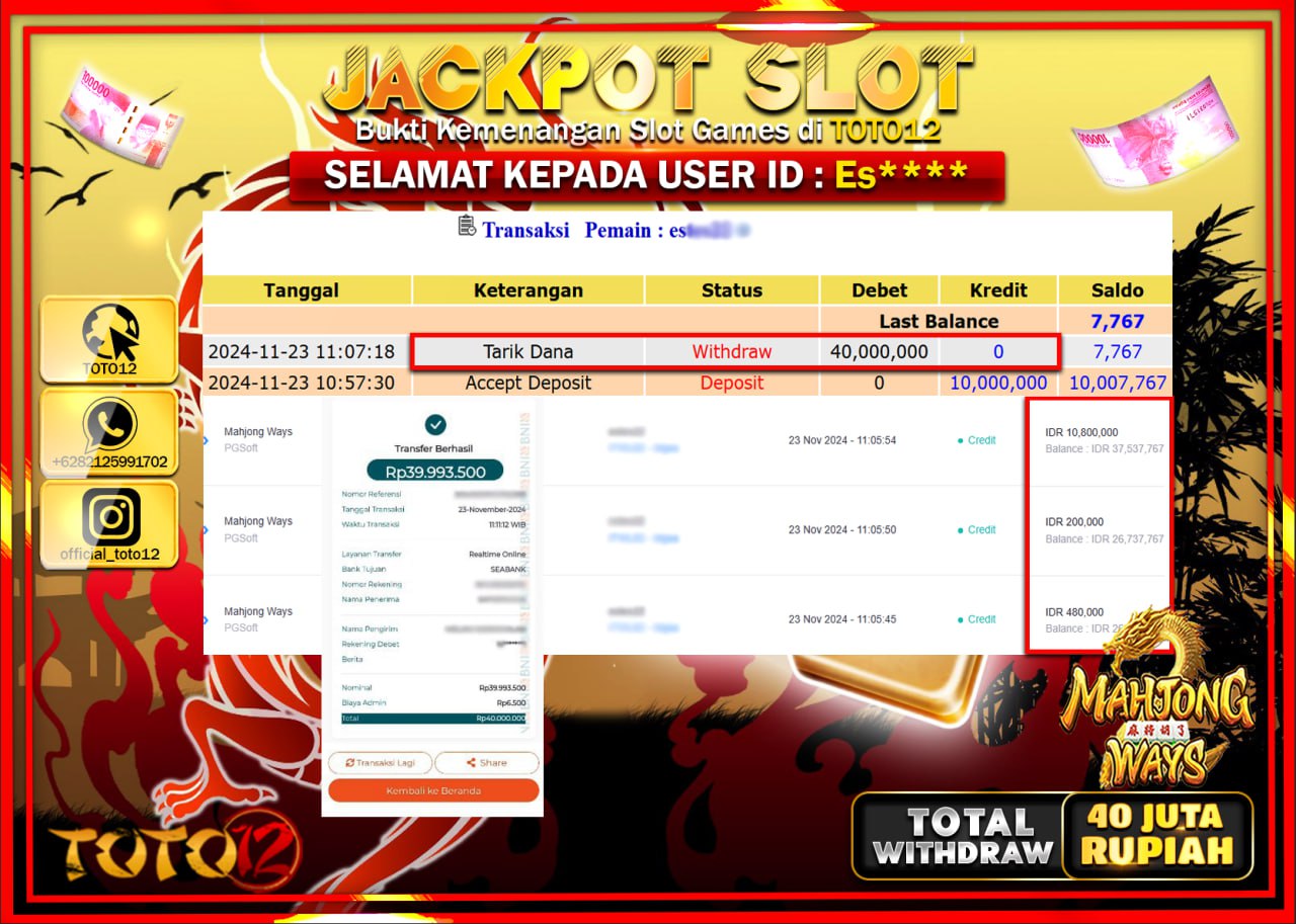 HANYA DI TOTO12 JP PASTI DI BAYAR LUNAS DAN CEPAT!!!!!! JACKPOT SLOT GAME (MAHJONG WAYS) Rp.40.000.000 !!!!