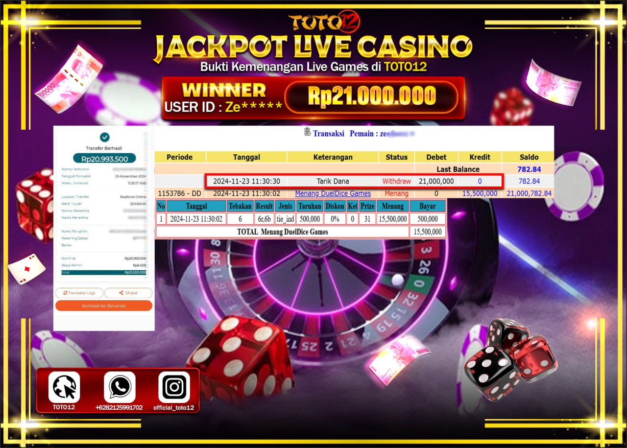 HANYA DI TOTO12 JP PASTI DI BAYAR LUNAS DAN CEPAT!!!!!! JACKPOT LIVE GAMES CASINO (DUEL DICE) Rp.21.000.000 !!!!