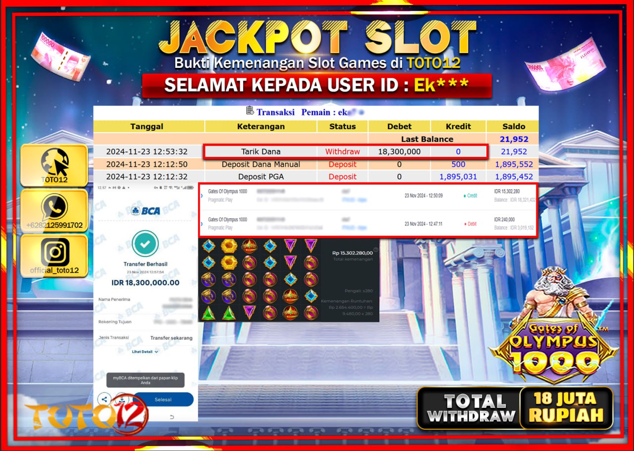HANYA DI TOTO12 JP PASTI DI BAYAR LUNAS DAN CEPAT!!!!!! JACKPOT SLOT GAME (GATES OF OLYMPUS 1000) Rp.18.000.000 !!!!