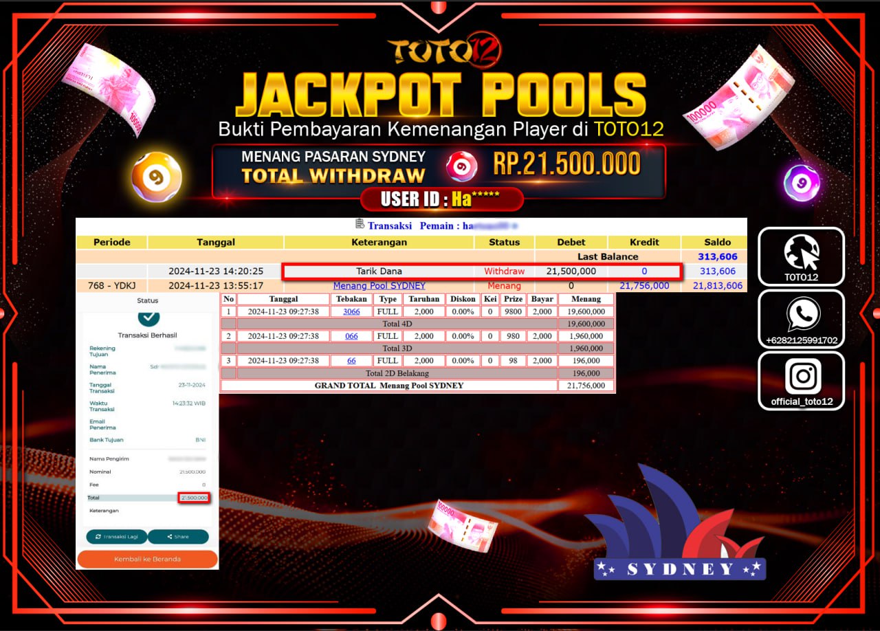 HANYA DI TOTO12 JP PASTI DI BAYAR LUNAS DAN CEPAT!!!!!! JACKPOT POOLS PASARAN (SYDNEY) Rp.21.500.000 !!!!