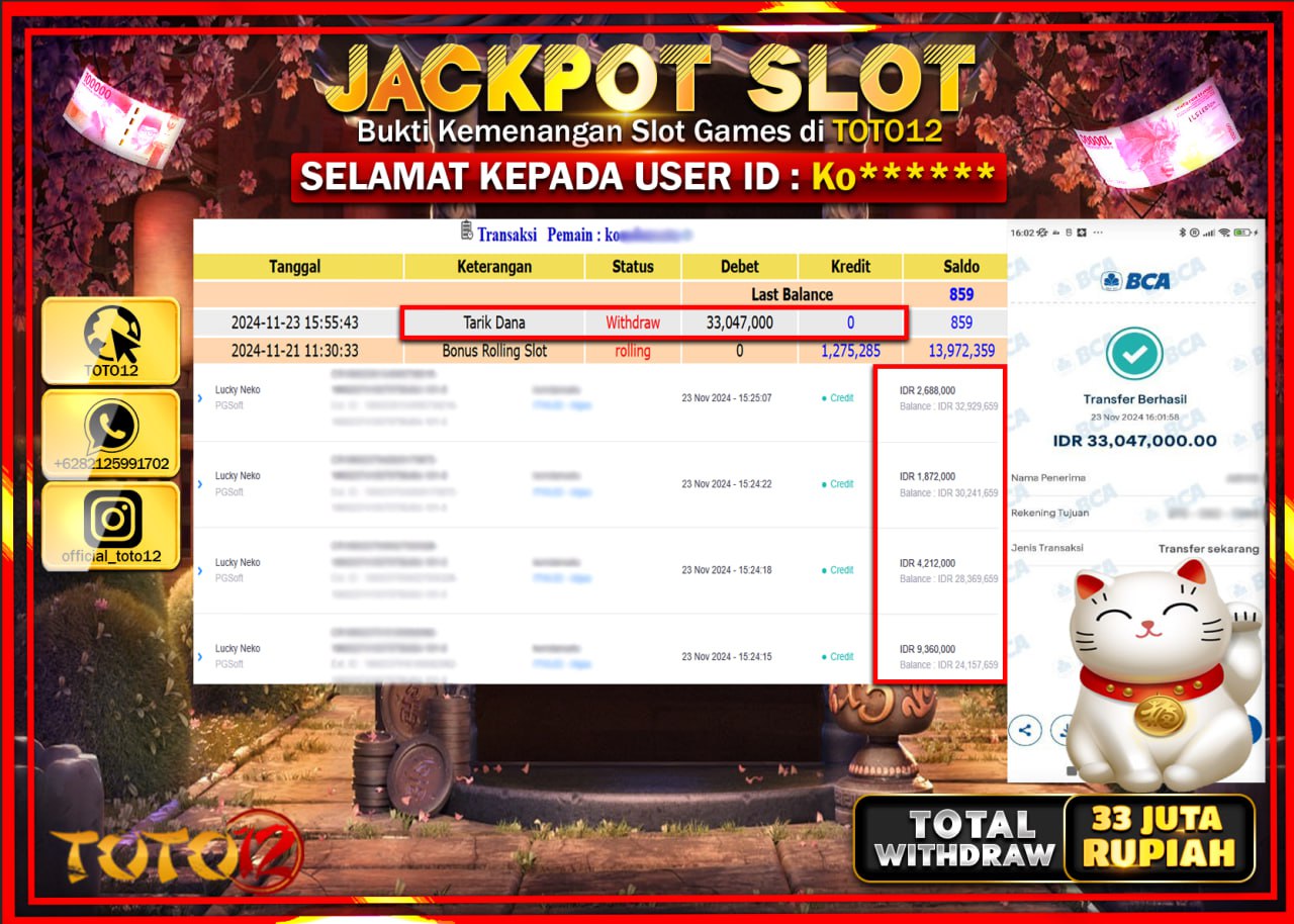 HANYA DI TOTO12 JP PASTI DI BAYAR LUNAS DAN CEPAT!!!!!! JACKPOT SLOT GAME (LUCKY NEKO) Rp.33.000.000 !!!!