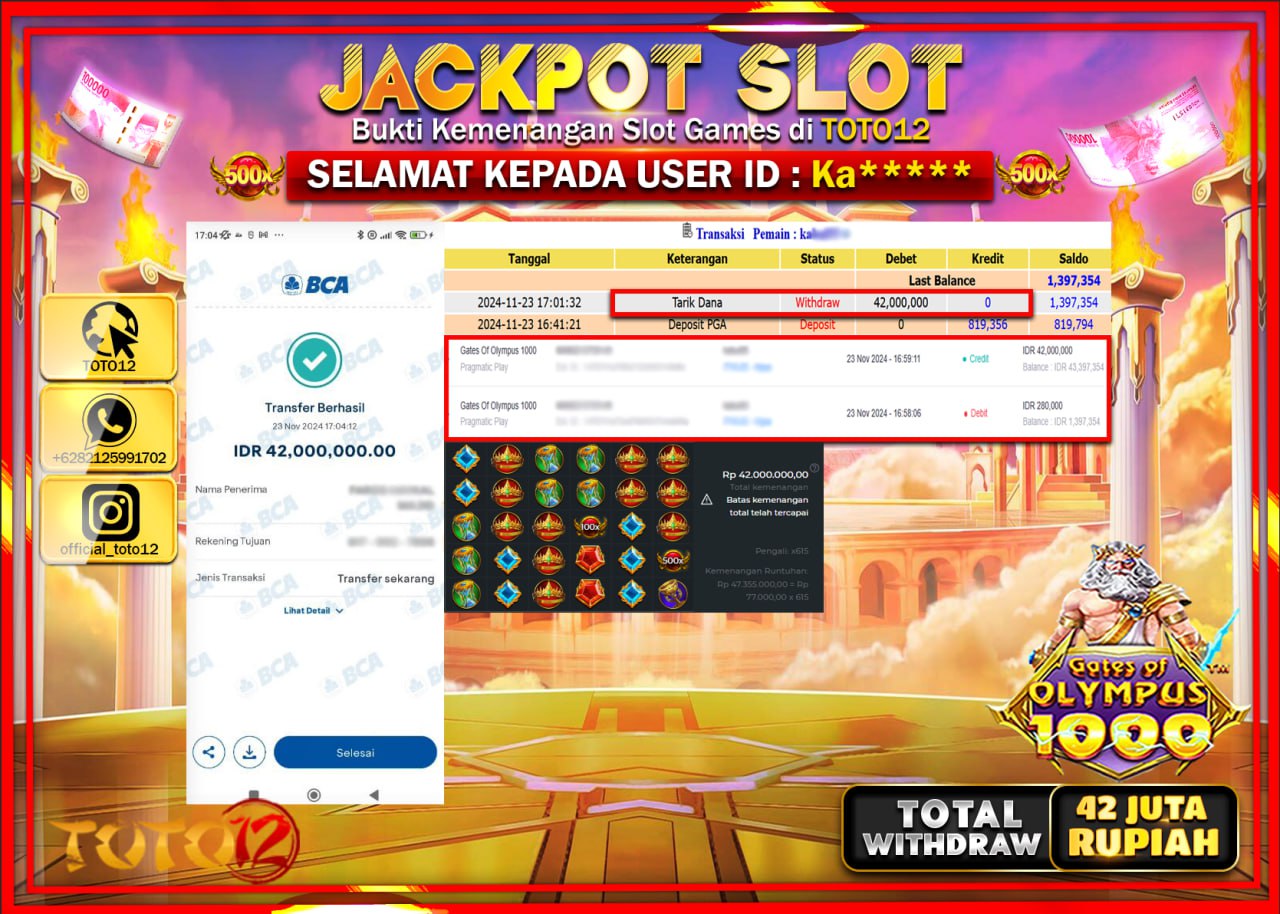 HANYA DI TOTO12 JP PASTI DI BAYAR LUNAS DAN CEPAT!!!!!! JACKPOT SLOT GAME (GATES OF OLYMPUS 1000) Rp.42.000.000 !!!!