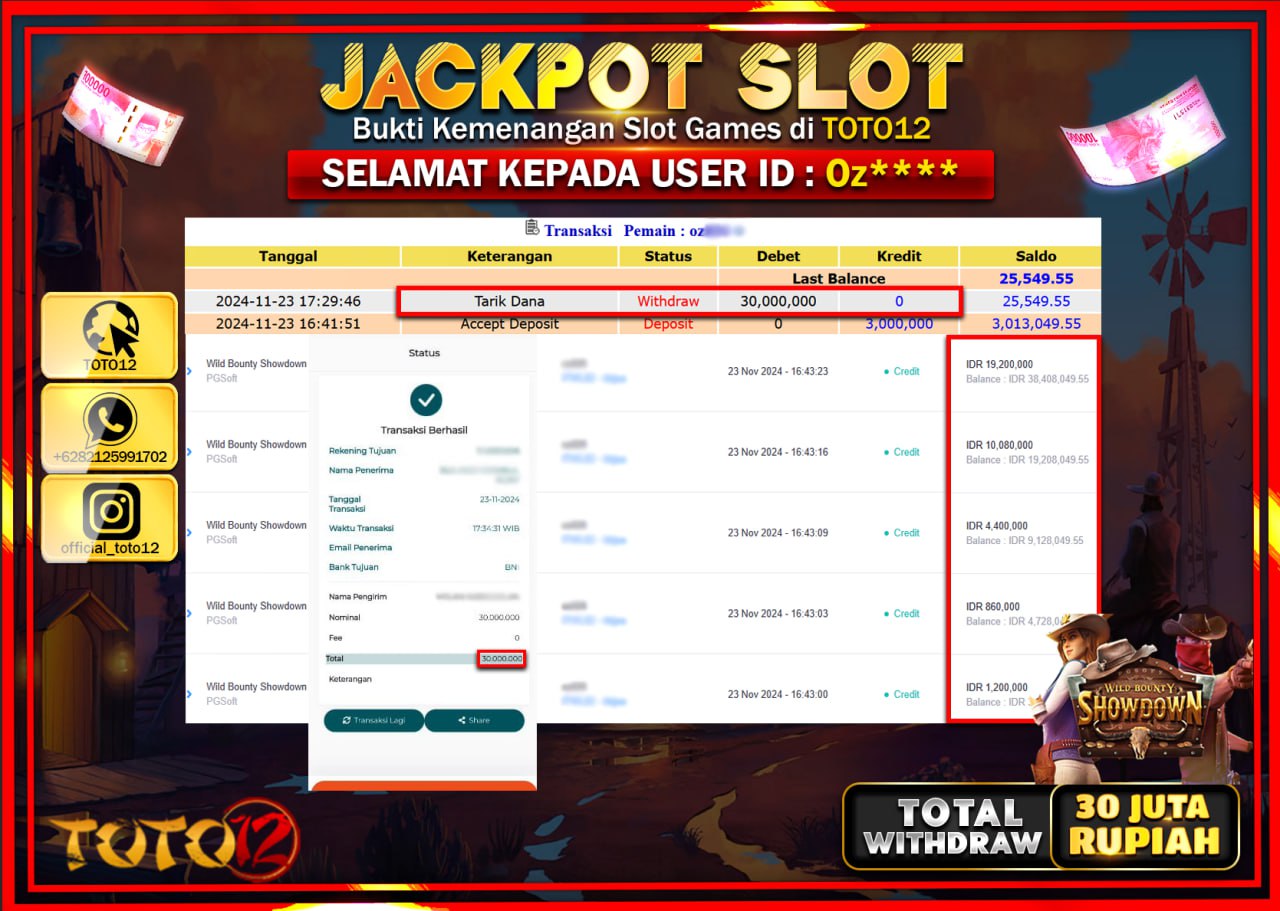 HANYA DI TOTO12 JP PASTI DI BAYAR LUNAS DAN CEPAT!!!!!! JACKPOT SLOT GAME (WILD BOUNTY SHOWDOWN) Rp.30.000.000 !!!!