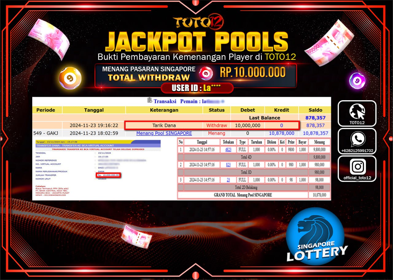 HANYA DI TOTO12 JP PASTI DI BAYAR LUNAS DAN CEPAT!!!!!! JACKPOT POOLS PASARAN (SINGAPORE) Rp.10.000.000 !!!!