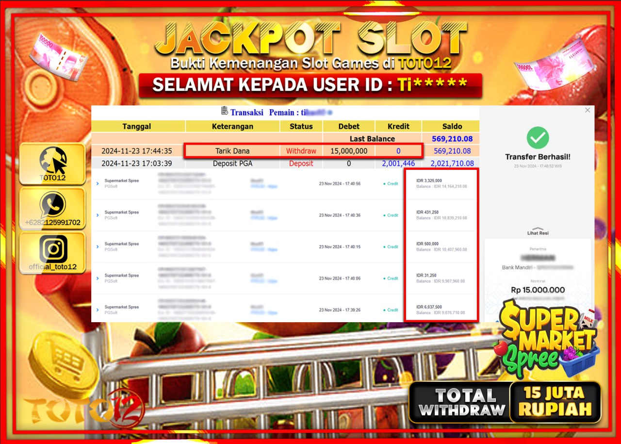HANYA DI TOTO12 JP PASTI DI BAYAR LUNAS DAN CEPAT!!!!!! JACKPOT SLOT GAME (SUPERMARKET SPREE) Rp.15.000.000 !!!!