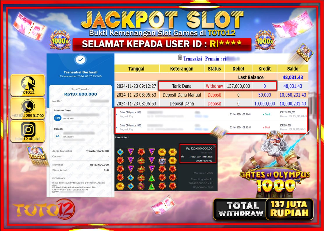 HANYA DI TOTO12 JP PASTI DI BAYAR LUNAS DAN CEPAT!!!!!! JACKPOT SLOT GAME (GATES OF OLYMPUS 1000) Rp.137.000.000 !!!!