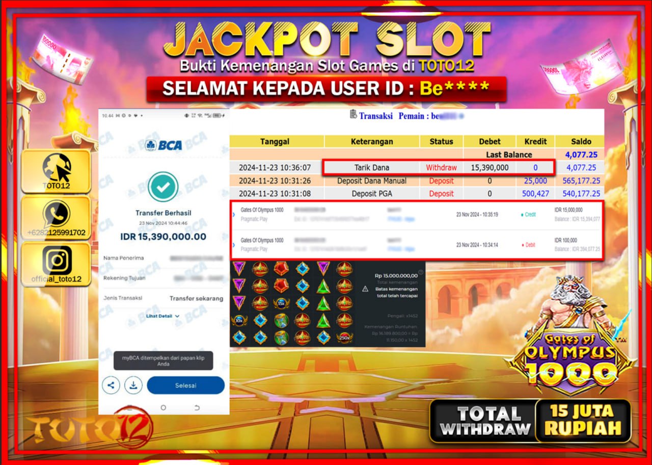 HANYA DI TOTO12 JP PASTI DI BAYAR LUNAS DAN CEPAT!!!!!! JACKPOT SLOT GAME (GATES OF OLYMPUS 1000) Rp.15.000.000 !!!!