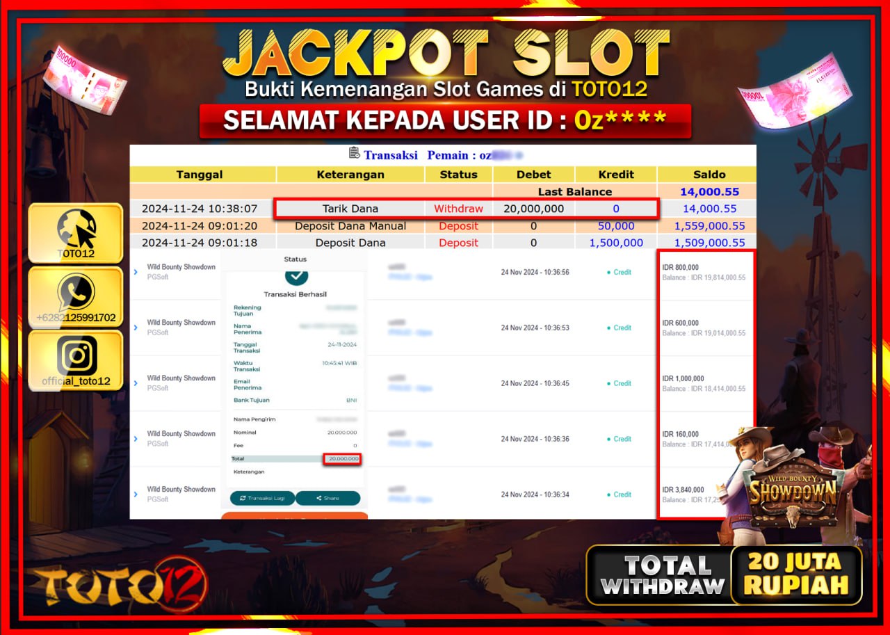 HANYA DI TOTO12 JP PASTI DI BAYAR LUNAS DAN CEPAT!!!!!! JACKPOT SLOT GAME (WILD BOUNTY SHOWDOWN) Rp.20.000.000 !!!!