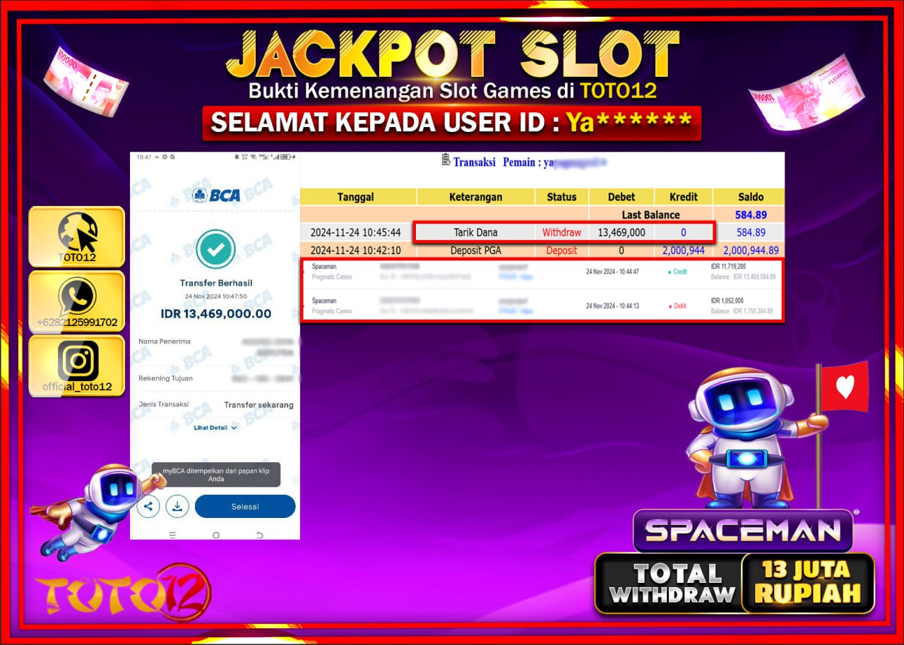 HANYA DI TOTO12 JP PASTI DI BAYAR LUNAS DAN CEPAT!!!!!! JACKPOT SLOT GAME (SPACEMAN) Rp.13.000.000 !!!!