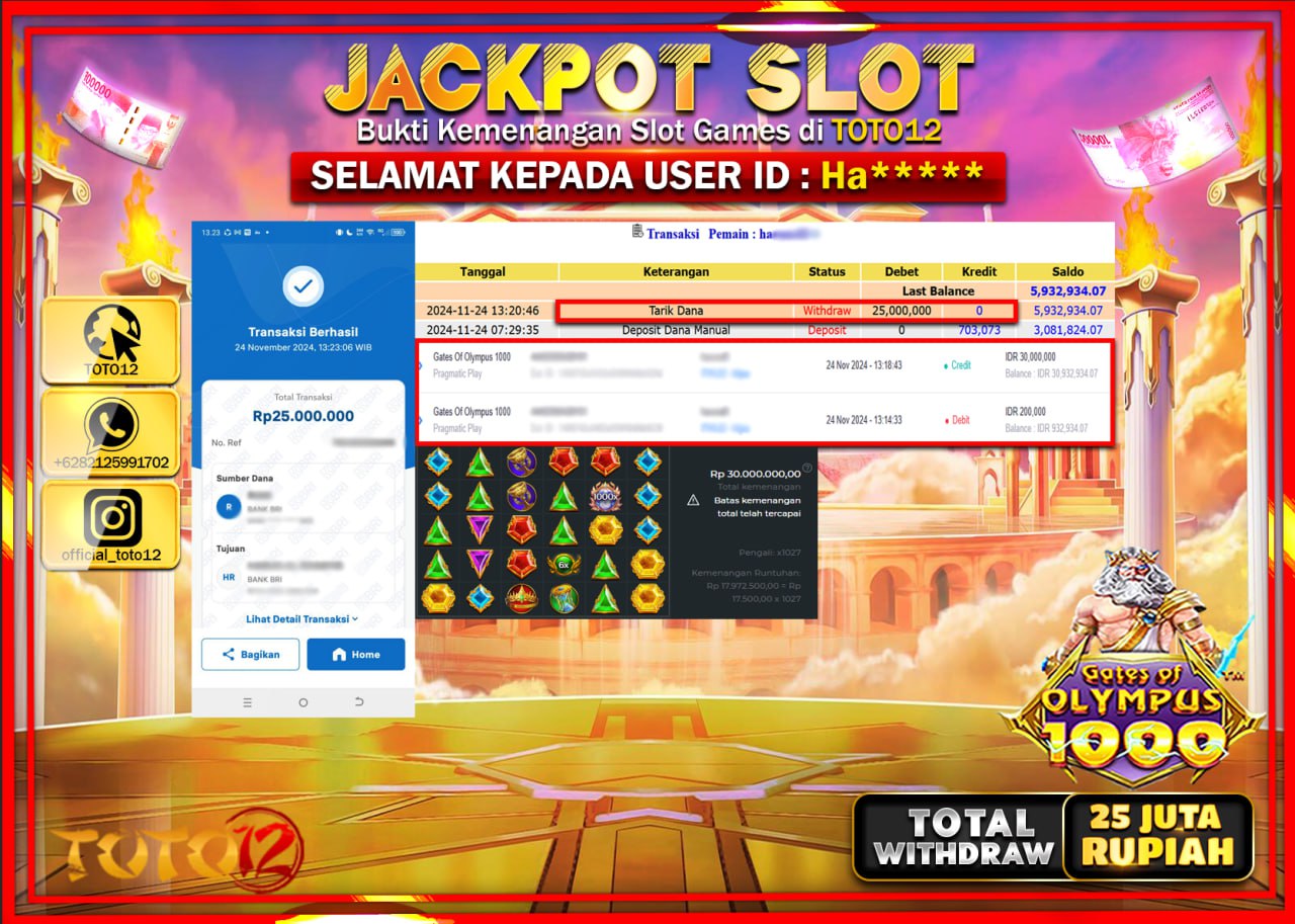 HANYA DI TOTO12 JP PASTI DI BAYAR LUNAS DAN CEPAT!!!!!! JACKPOT SLOT GAME (GATES OF OLYMPUS 1000) Rp.25.000.000 !!!!