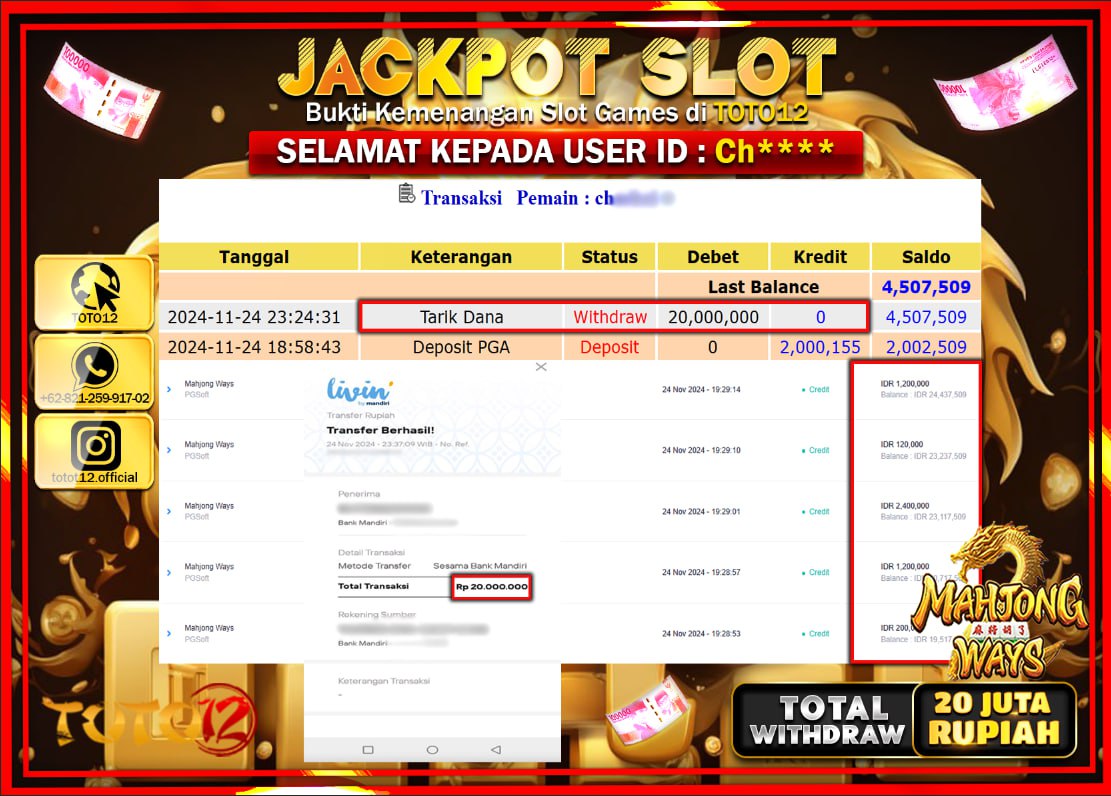 HANYA DI TOTO12 JP PASTI DI BAYAR LUNAS DAN CEPAT!!!!!! JACKPOT SLOT GAME (MAHJONG WAYS) Rp.20.000.000 !!!!