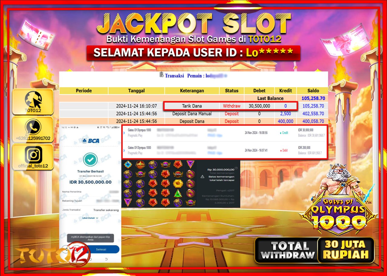 HANYA DI TOTO12 JP PASTI DI BAYAR LUNAS DAN CEPAT!!!!!! JACKPOT SLOT GAME (GATES OF OLYMPUS 1000) Rp.30.000.000 !!!!