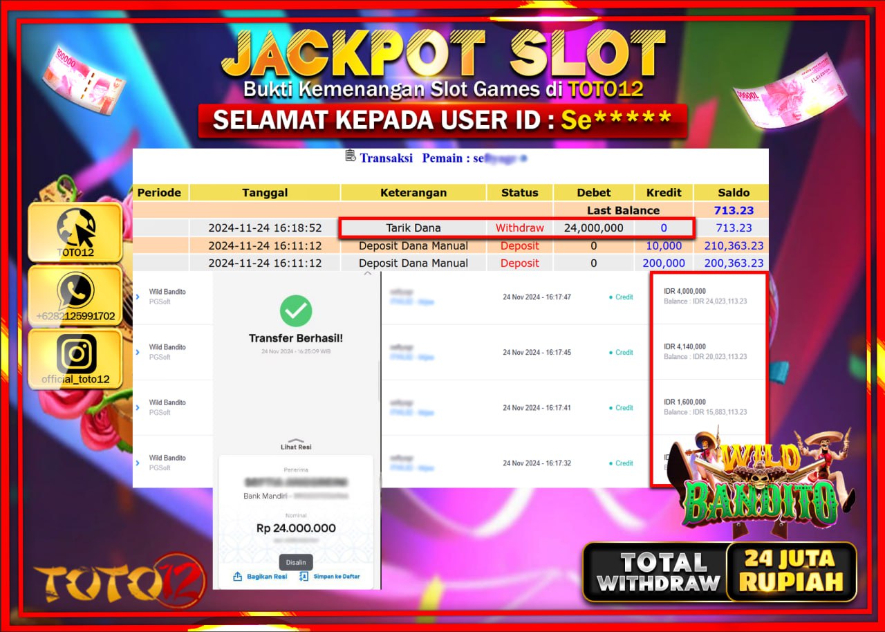 HANYA DI TOTO12 JP PASTI DI BAYAR LUNAS DAN CEPAT!!!!!! JACKPOT SLOT GAME (WILD BANDITO) Rp.24.000.000 !!!!