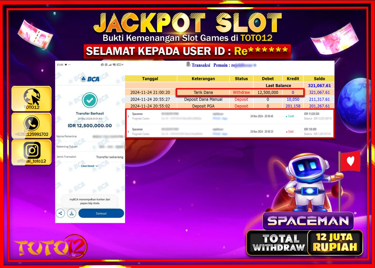HANYA DI TOTO12 JP PASTI DI BAYAR LUNAS DAN CEPAT!!!!!! JACKPOT SLOT GAME (SPACEMAN) Rp.12.000.000 !!!!