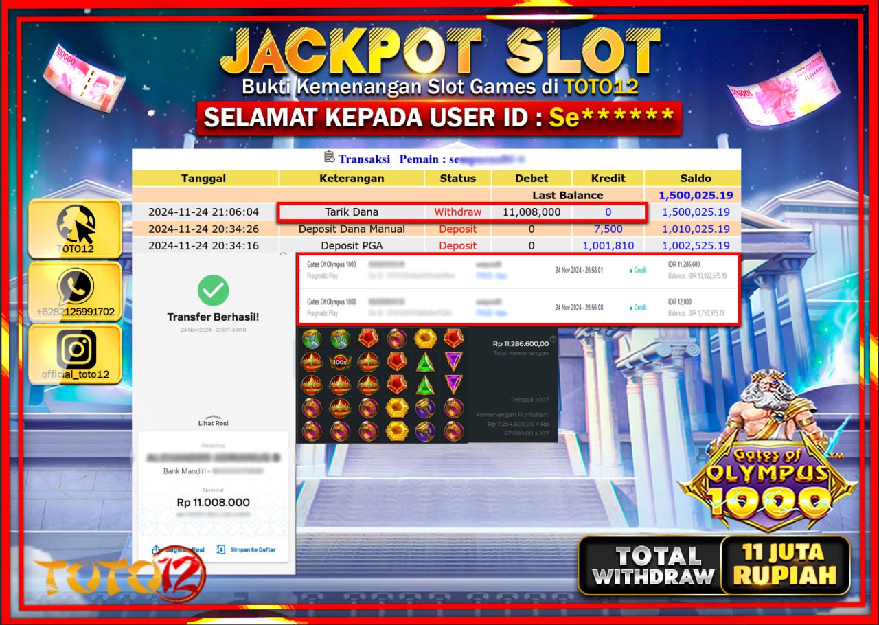 HANYA DI TOTO12 JP PASTI DI BAYAR LUNAS DAN CEPAT!!!!!! JACKPOT SLOT GAME (GATES OF OLYMPUS 1000) Rp.11.000.000 !!!!