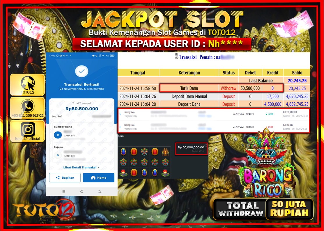 HANYA DI TOTO12 JP PASTI DI BAYAR LUNAS DAN CEPAT!!!!!! JACKPOT SLOT GAME (BARONG RICO) Rp.50.000.000 !!!!