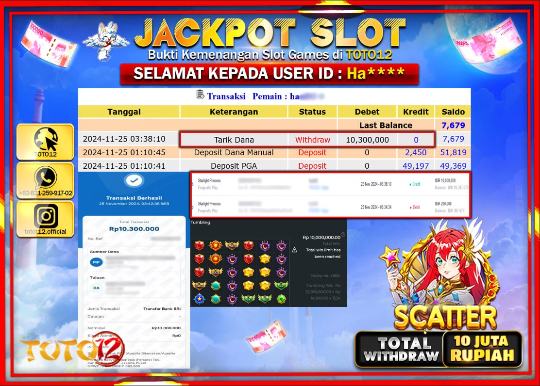 HANYA DI TOTO12 JP PASTI DI BAYAR LUNAS DAN CEPAT!!!!!! JACKPOT SLOT GAME (STARLIGHT PRINCESS) Rp.10.000.000 !!!!