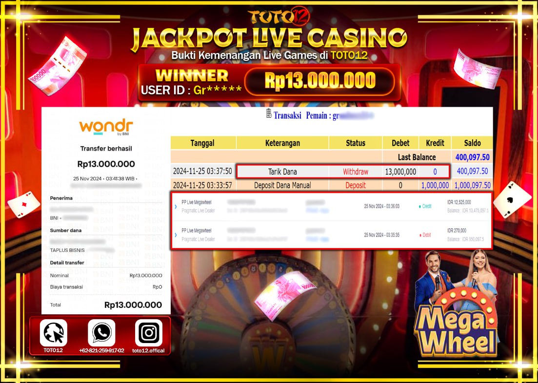 HANYA DI TOTO12 JP PASTI DI BAYAR LUNAS DAN CEPAT!!!!!! JACKPOT LIVE GAMES CASINO (MEGA WHEEL) Rp.13.000.000 !!!!