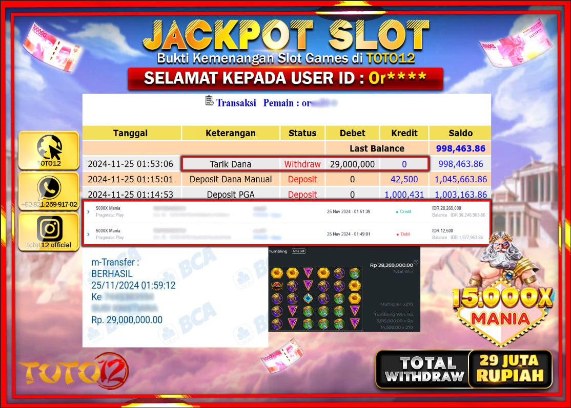 HANYA DI TOTO12 JP PASTI DI BAYAR LUNAS DAN CEPAT!!!!!! JACKPOT SLOT GAME (15.000X MANIA) Rp.29.000.000 !!!!