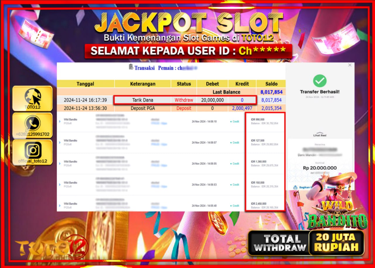 HANYA DI TOTO12 JP PASTI DI BAYAR LUNAS DAN CEPAT!!!!!! JACKPOT SLOT GAME (WILD BANDITO) Rp.20.000.000 !!!!