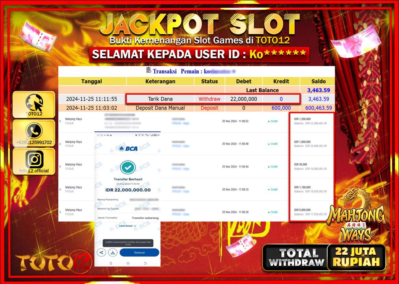 HANYA DI TOTO12 JP PASTI DI BAYAR LUNAS DAN CEPAT!!!!!! JACKPOT SLOT GAME (MAHJONG WAYS) Rp.22.000.000 !!!!