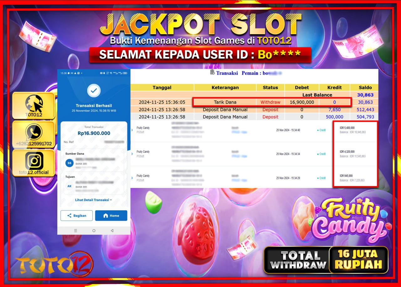 HANYA DI TOTO12 JP PASTI DI BAYAR LUNAS DAN CEPAT!!!!!! JACKPOT SLOT GAME (FRUITY CANDY) Rp.16.000.000 !!!!