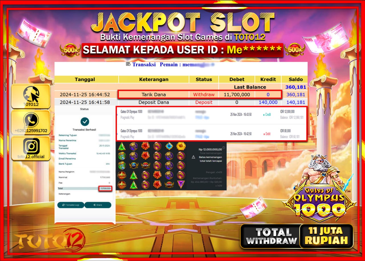 HANYA DI TOTO12 JP PASTI DI BAYAR LUNAS DAN CEPAT!!!!!! JACKPOT SLOT GAME (GATES OF OLYMPUS 1000) Rp.11.000.000 !!!!