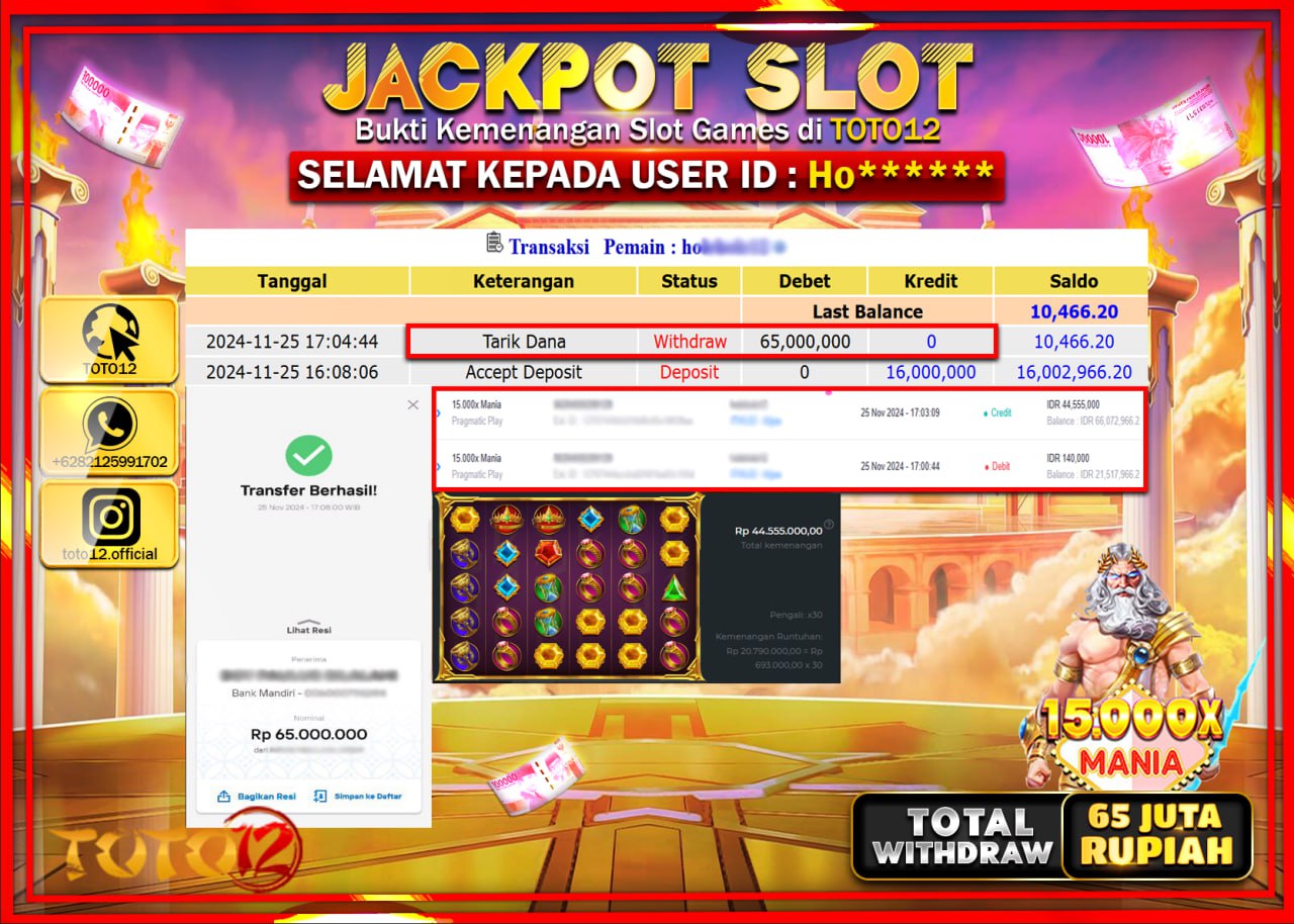 HANYA DI TOTO12 JP PASTI DI BAYAR LUNAS DAN CEPAT!!!!!! JACKPOT SLOT GAME (15.000X MANIA) Rp.65.000.000 !!!!