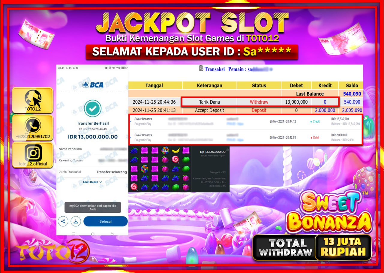 HANYA DI TOTO12 JP PASTI DI BAYAR LUNAS DAN CEPAT!!!!!! JACKPOT SLOT GAME (SWEET BONANZA) Rp.13.000.000 !!!!