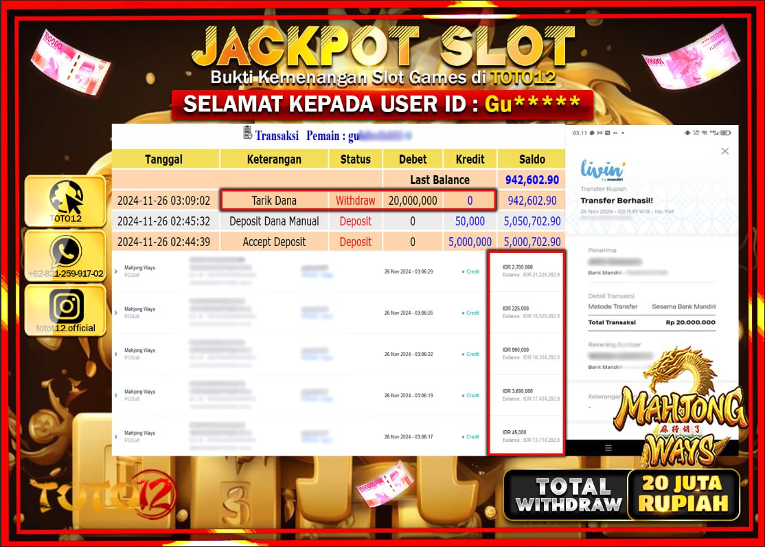 HANYA DI TOTO12 JP PASTI DI BAYAR LUNAS DAN CEPAT!!!!!! JACKPOT SLOT GAME (MAHJONG WAYS) Rp.20.000.000 !!!!