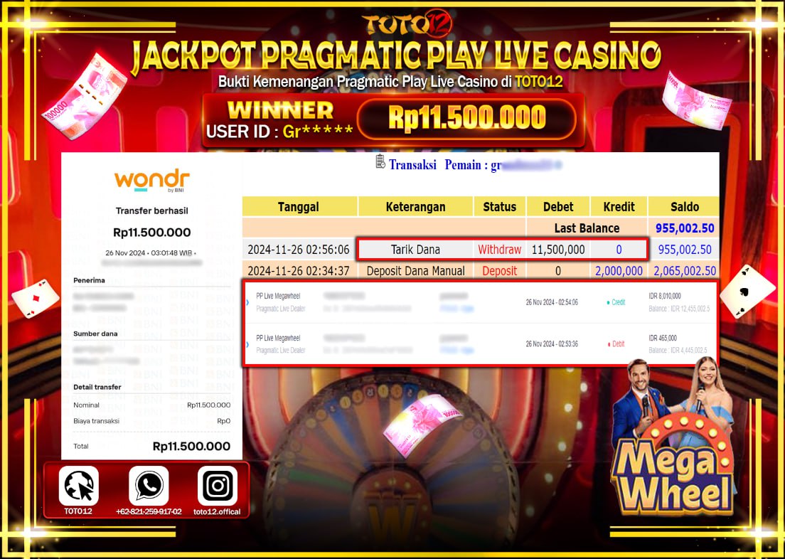HANYA DI TOTO12 JP PASTI DI BAYAR LUNAS DAN CEPAT!!!!!! JACKPOT PRAGMATIC PLAY LIVE CASINO (MEGA WHEEL) Rp.11.500.000 !!!!
