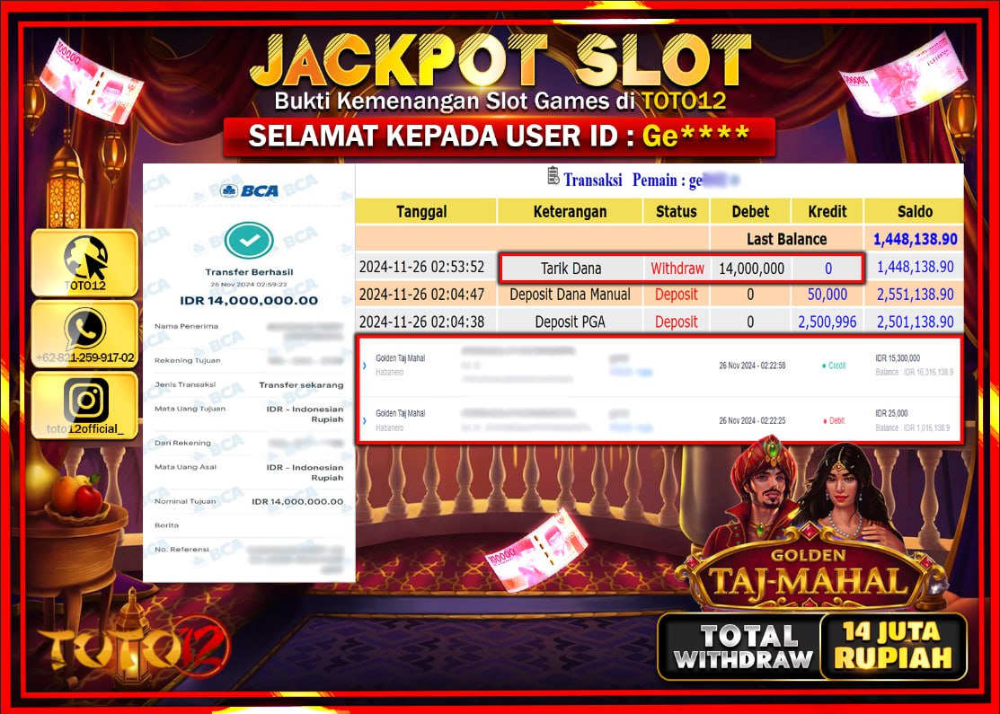 HANYA DI TOTO12 JP PASTI DI BAYAR LUNAS DAN CEPAT!!!!!! JACKPOT SLOT GAME (GOLDEN TAJ MAHAL) Rp.14.000.000 !!!!