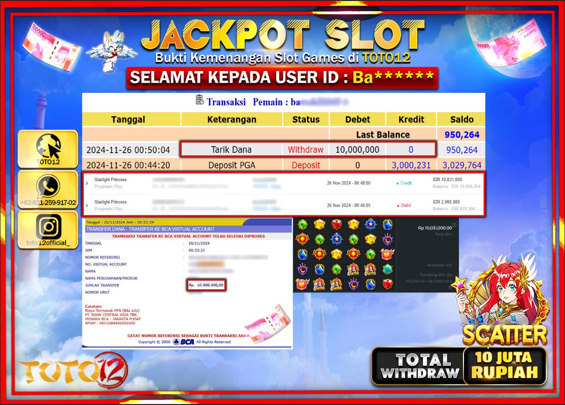 HANYA DI TOTO12 JP PASTI DI BAYAR LUNAS DAN CEPAT!!!!!! JACKPOT SLOT GAME (STARLIGHT PRINCESS) Rp.10.000.000 !!!!