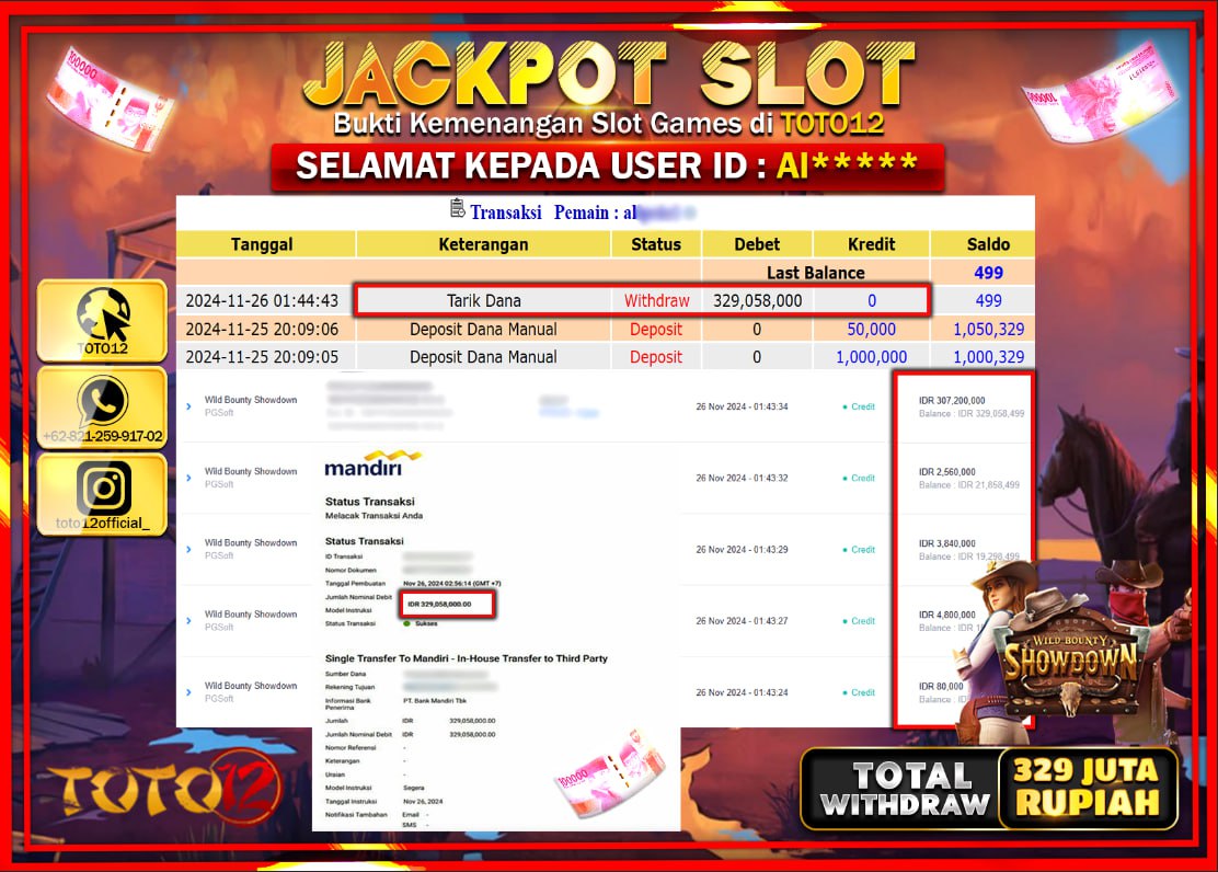 HANYA DI TOTO12 JP PASTI DI BAYAR LUNAS DAN CEPAT!!!!!! JACKPOT SLOT GAME (WILD BOUNTY SHOWDOWN) Rp.329.000.000 !!!!