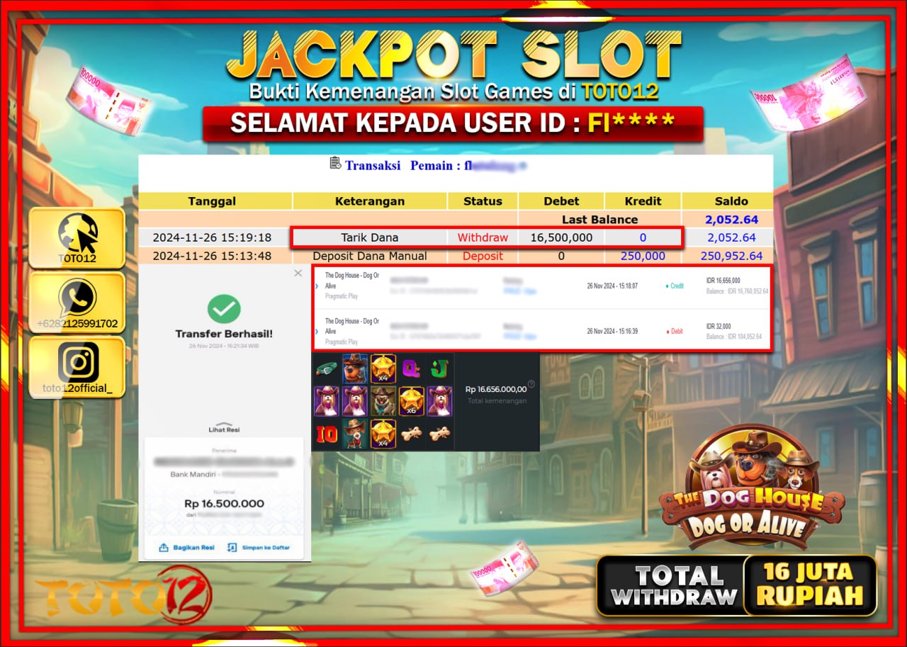 HANYA DI TOTO12 JP PASTI DI BAYAR LUNAS DAN CEPAT!!!!!! JACKPOT SLOT GAME (THE DOG HOUSE DOG OR ALIVE) Rp.16.000.000 !!!!