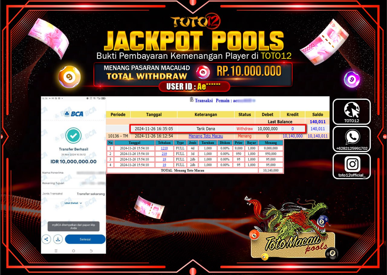 HANYA DI TOTO12 JP PASTI DI BAYAR LUNAS DAN CEPAT!!!!!! JACKPOT POOLS PASARAN (TOTO MACAU) Rp.10.000.000 !!!!