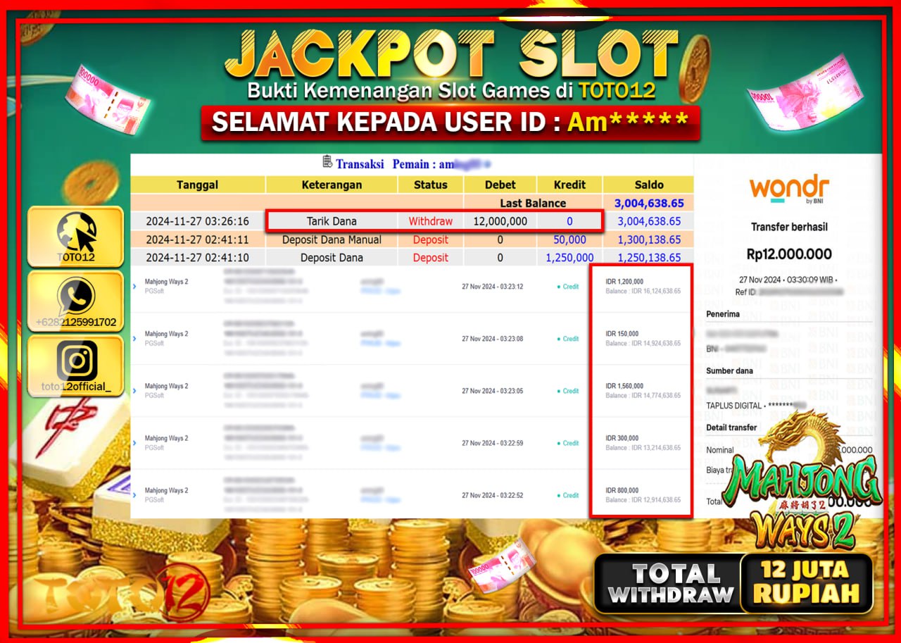 HANYA DI TOTO12 JP PASTI DI BAYAR LUNAS DAN CEPAT!!!!!! JACKPOT SLOT GAME (MAHJONG WAYS 2) Rp.12.000.000 !!!!