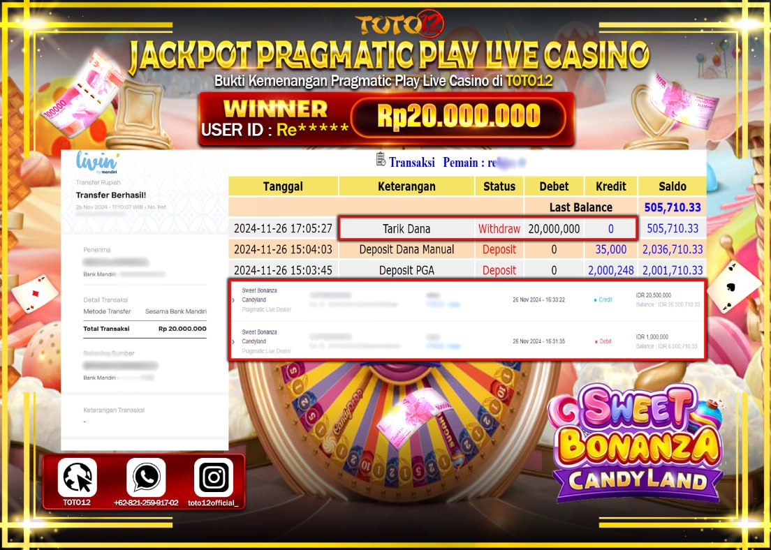 HANYA DI TOTO12 JP PASTI DI BAYAR LUNAS DAN CEPAT!!!!!! JACKPOT PRAGMATIC PLAY LIVE CASINO (SWEET BONANZA CANDY LAND) Rp.20.000.000 !!!!