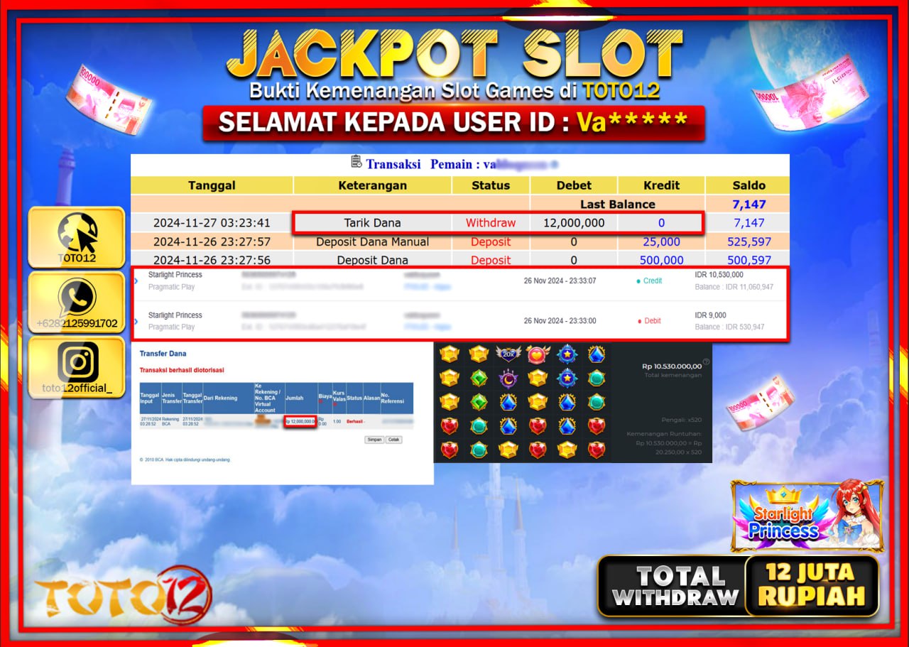HANYA DI TOTO12 JP PASTI DI BAYAR LUNAS DAN CEPAT!!!!!! JACKPOT SLOT GAME (STARLIGHT PRINCESS) Rp.12.000.000 !!!!