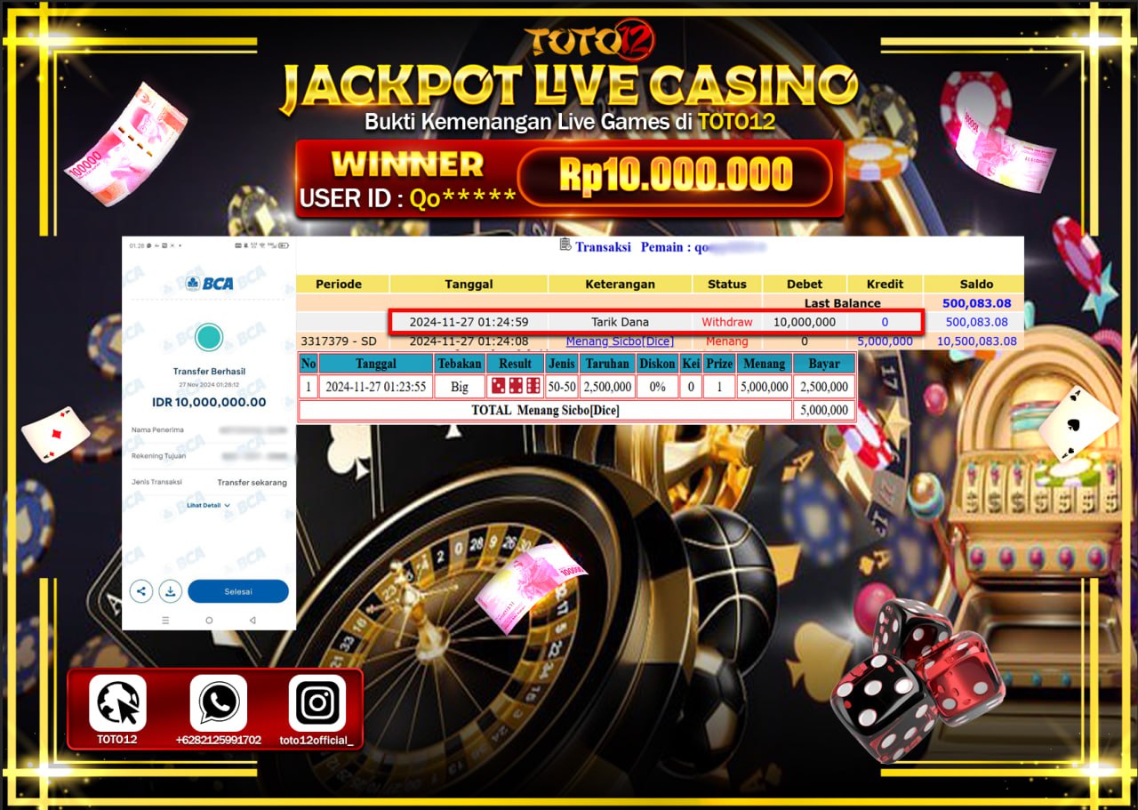 HANYA DI TOTO12 JP PASTI DI BAYAR LUNAS DAN CEPAT!!!!!! JACKPOT LIVE GAMES CASINO (SICBO DICE) Rp.10.000.000 !!!!