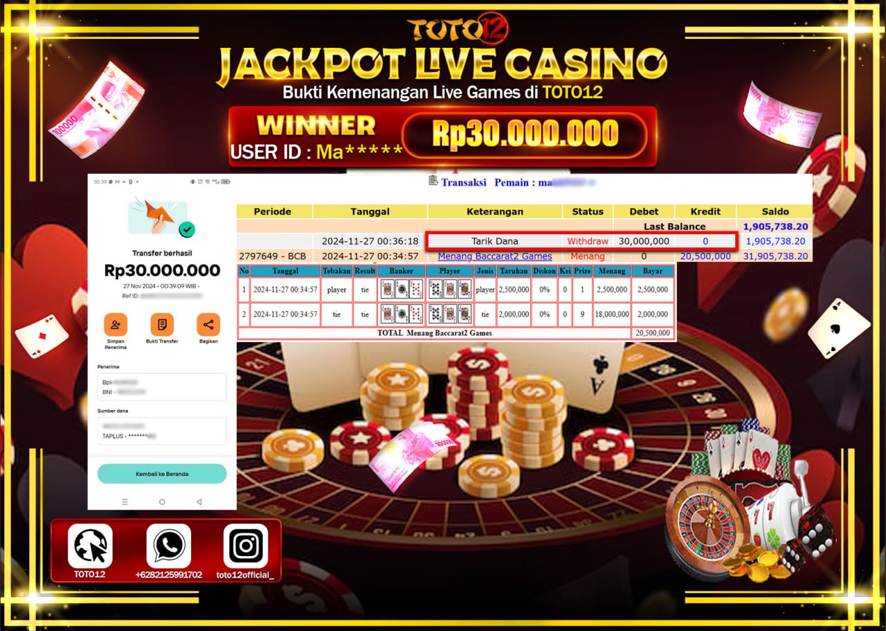 HANYA DI TOTO12 JP PASTI DI BAYAR LUNAS DAN CEPAT!!!!!! JACKPOT LIVE GAMES CASINO (BACCARAT 2) Rp.30.000.000 !!!!