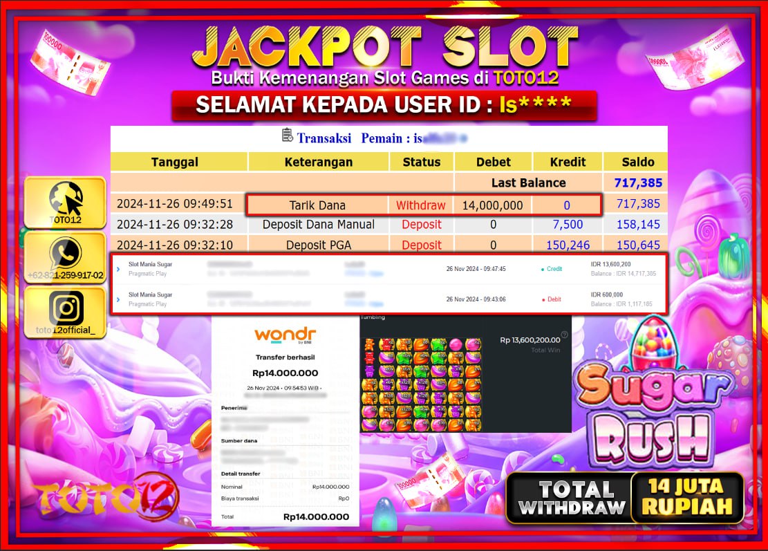 HANYA DI TOTO12 JP PASTI DI BAYAR LUNAS DAN CEPAT!!!!!! JACKPOT SLOT GAME (SUGAR RUSH) Rp.14.000.000 !!!!