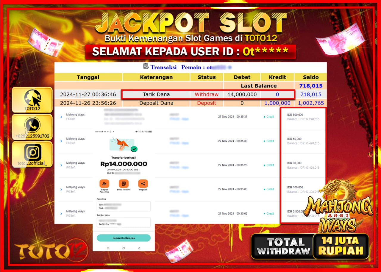 HANYA DI TOTO12 JP PASTI DI BAYAR LUNAS DAN CEPAT!!!!!! JACKPOT SLOT GAME (MAHJONG WAYS) Rp.14.000.000 !!!!