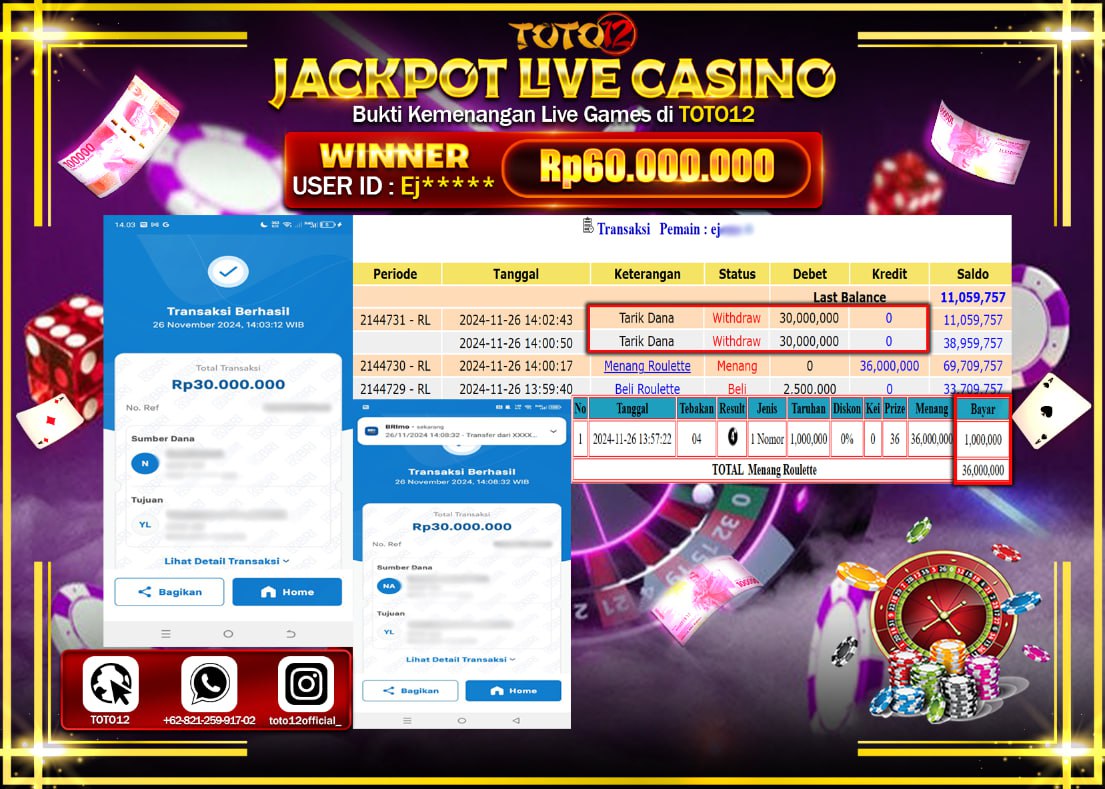 HANYA DI TOTO12 JP PASTI DI BAYAR LUNAS DAN CEPAT!!!!!! JACKPOT LIVE GAMES CASINO (ROULETTE) Rp.60.000.000 !!!!