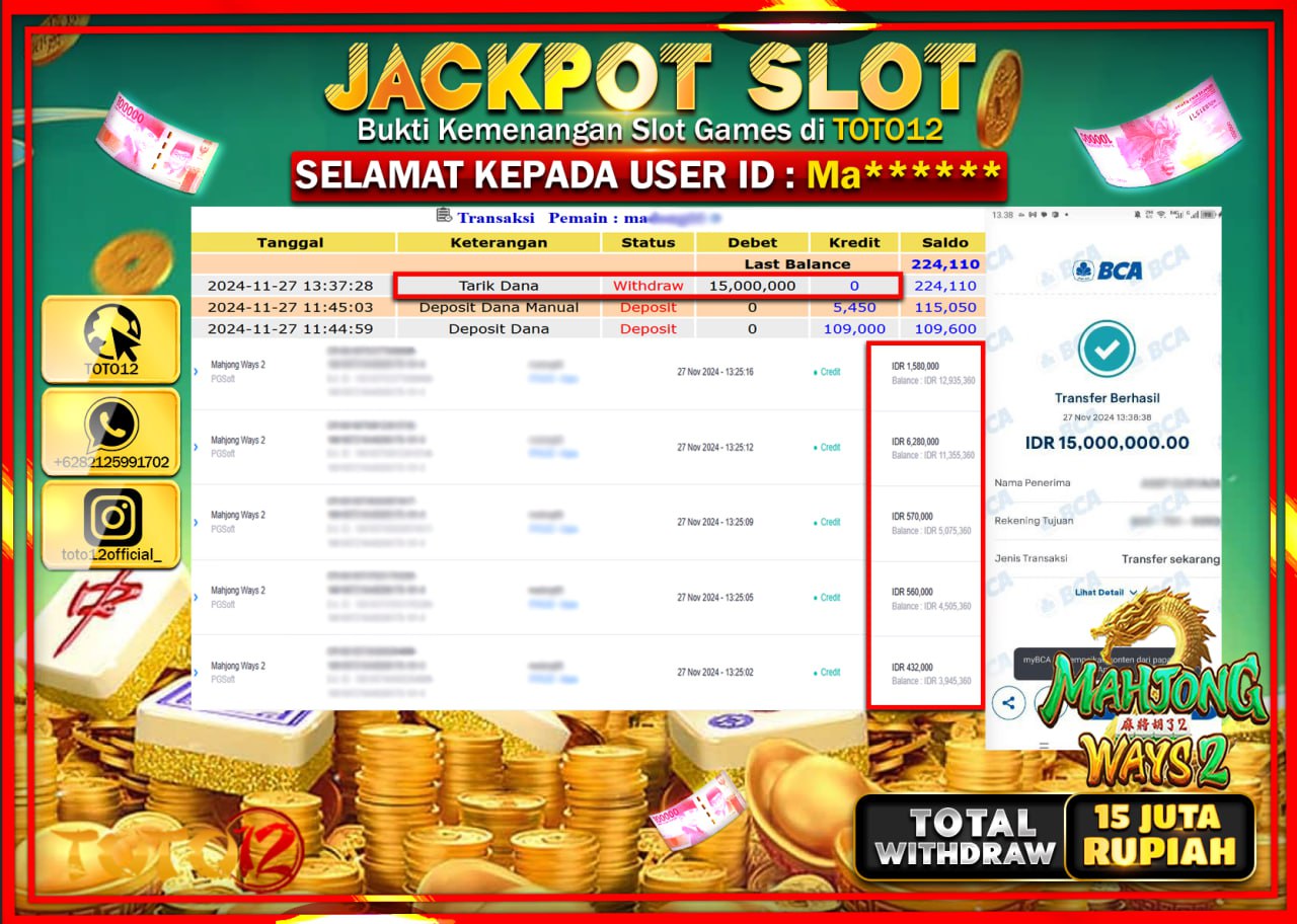 HANYA DI TOTO12 JP PASTI DI BAYAR LUNAS DAN CEPAT!!!!!! JACKPOT SLOT GAME (MAHJONG WAYS 2) Rp.15.000.000 !!!!
